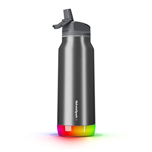 Hidrate Spark PRO Smart Water Bottle – Insulated Stainless Steel – Tracks Water Intake with Bluetooth, LED Glow Reminder When You Need to Drink – Straw Lid, 32oz, Brushed Steel