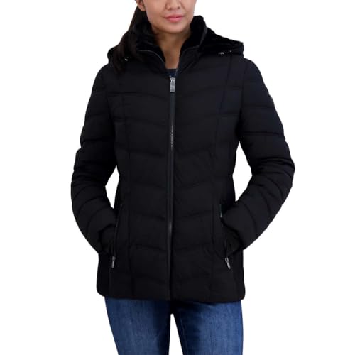 Nautica Women's Stretch Puffer Detachable Hood Fleece Pockets Jacket (US, Alpha, Medium, Regular, Regular, BLACK)