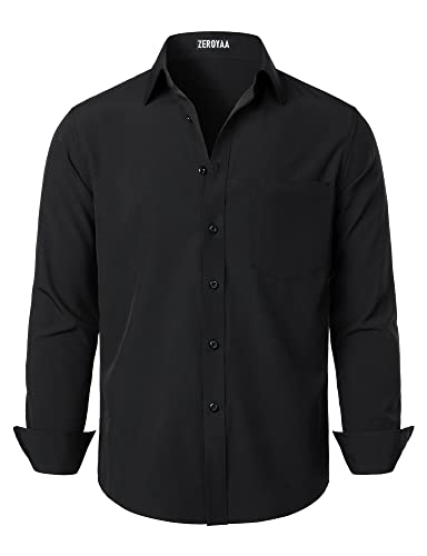 ZEROYAA Men's Regular Fit Dress Shirt Solid Wrinkle-Free Long Sleeve Casual Business Button Up Shirts with Pocket ZSSCL05-Black X-Large