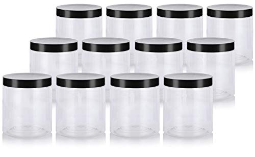 19 oz Large Clear PET Plastic (BPA Free) Refillable Empty Jar With (12 pack, Black Smooth Foam Lined Lids)