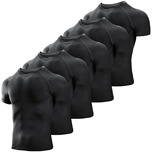 Niksa Men's Compression Shirts 3/5 Pack, Short Sleeve Athletic Compression Tops Cool Dry Workout T Shirt Dark Black