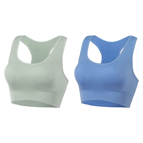 AMRIY Racerback Sports Bras for Women Medium Support Padded Bra Supportive Compression Seamless Women's Sports Wireless Bra Green Blue,XL
