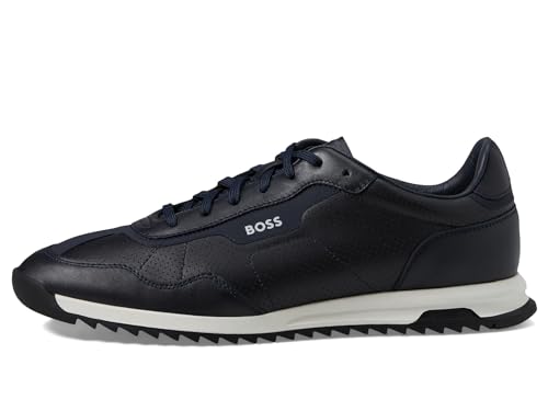 HUGO BOSS Men's Zayn Low Profile Leather Mesh Sneakers, Dark Blue, 12