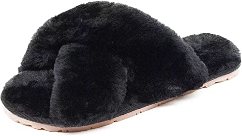 Crazy Lady Women's Fuzzy Fluffy House Slippers Cute Plush Memory Foam Shoes Cross Band Indoor Outdoor Open Toe Sandals(06/Black, 8.5-9.5)