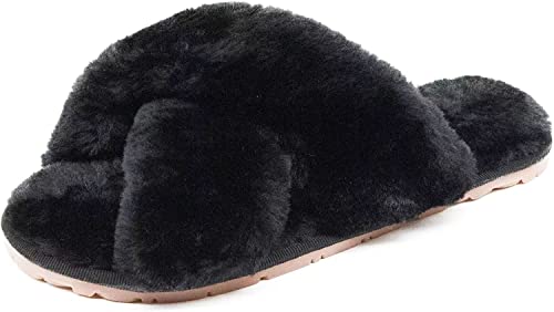 Crazy Lady Women's Fuzzy Fluffy House Slippers Cute Plush Memory Foam Shoes Cross Band Indoor Outdoor Open Toe Sandals(06/Black, 8.5-9.5)