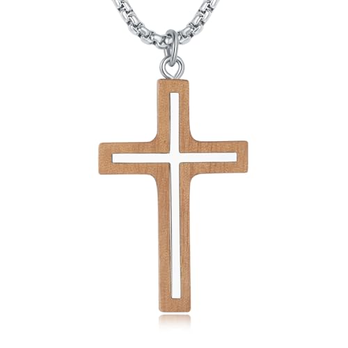 Ropartman Wooden Cross Necklace for Men, Natural Walnut Wood Hand Inlaid Fine Steel Handmade Cross Pendant, Free Silver Necklace 24' Box Chain (Silver)