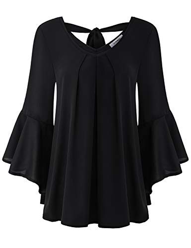 Flowy Shirts for Women Boho Trendy, Womans Tops Plus Size Dressy Low Vneck 3/4 Bell Sleeve Pleated Front Bow Tie Back Crepe Knit Chiffon Tunic Blouse Spring Summer Casual Black XL