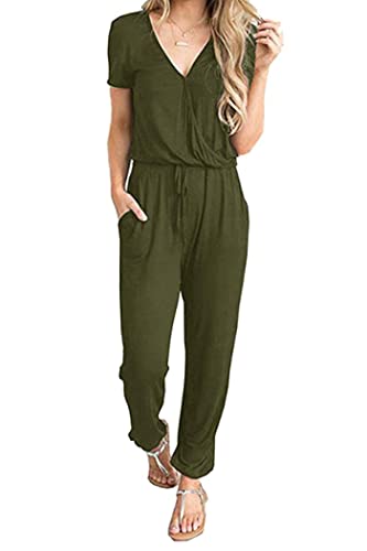 PRETTYGARDEN Women's Summer Casual Deep V Neck Short Sleeve Wrap Drawstring Waist Jumpsuit Romper (Army Green,X-Large)