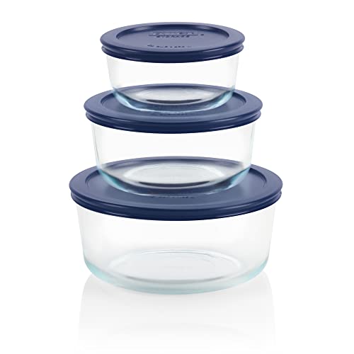 Pyrex Simply Store 6-Pc Glass Food Storage Set with BPA-Free Lids, 7-Cup to 2-Cup Round Containers, Dishwasher, Microwave & Freezer Safe, Blue