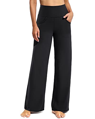 Promover Wide Leg Pants Woman Yoga Pants with Pockets Loose Stretch Casual Lounge Sweatpants Women Fashion Clothing(Black,M,30')