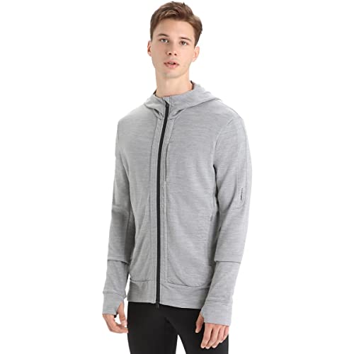 Icebreaker Merino Quantum III Zip Up Hoodie for Men, 100% Merino Wool, Long Sleeve Men’s Zip-Up Sweater with Zippered Pockets, Thumb Loops - Athletic Sweatshirt, Metro Heather/Black, Medium