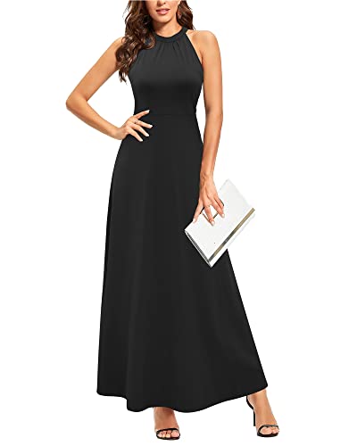 STYLEWORD Women's 2023 Black Formal Cocktail Dresses Summer Maxi Wedding Guest Halter Long Evening Dress (Black,XL)