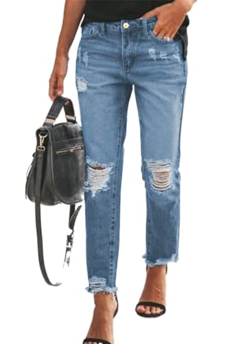 Sidefeel Women's Boyfriend Jeans Loose Stretchy Ripped Distressed Denim Pants Size 8 Sky Blue