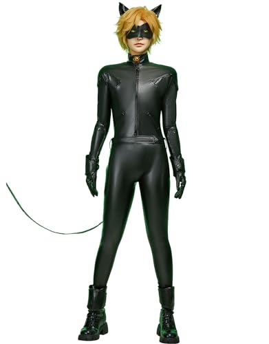 Miraculous Unisex Cat Noir PU Leather Jumpsuit with Eye Mask Ear Coverings Wrist and Ankle Coverings Cosplay Outfit (XL)