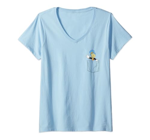 Womens Disney Pinocchio Jiminy Cricket Faux Pocket V-Neck T-Shirt