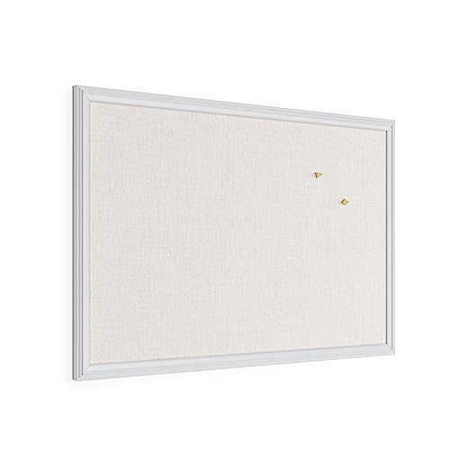U Brands Farmhouse Linen Bulletin Board, 30'x20', White Wood Style Frame, Includes Push Pins