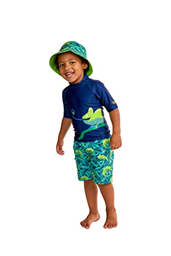 UV SKINZ Boys 3 Piece Sun and Swim Set with UPF 50+ Sun Protection – Boys Swimsuit, Toddler Swim Suits, Swimwear for Toddler & Boys - 4T - Dark Blue Chameleon