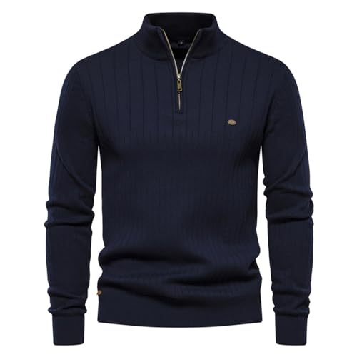 MYNKYLL Men's Quarter Zip Sweater Cable Knit Sweater Mock Neck Sweater Soft Casual Pullover Sweater with (Navy, S)