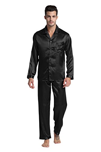 Tony & Candice Men's Classic Satin Pajama Set Sleepwear (Large, Black)