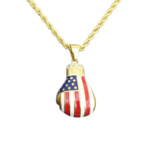 MayiaHey Boxing Gloves Pendant,American Flag Boxing Glove Necklace for Men,US Boxing Pendant,Stainless Steel Iced Out Fighting Glove Necklace Hip Hop Necklace for Boys