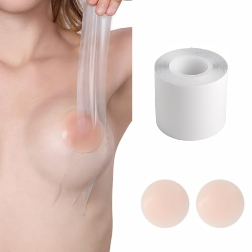 EMOET Clear Boob Tape,Self-Adhesive Bra Tape for Breast Lift with 2 Pair Reusable Silicone Nipple Covers,Suitable for A-G,Replace Your Bra-Instant Bob Tape,Boobytape for Breast Push Up&Strapless Dress