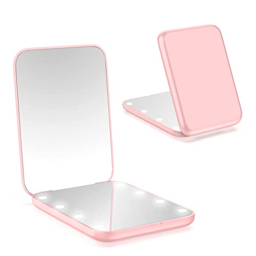 wobsion Mini Pocket Mirror, Led Compact Mirror,1x/3x Magnifying Mirror with Light,2-Sided Handheld Fold Mirror,Small Travel Makeup Mirror,Lighted Compact Mirror for Purse,Gift(Pink)
