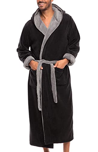 Alexander Del Rossa Men's Warm Fleece Robe with Hood, Big and Tall Bathrobe, Black with Gray XL (A0125BKSXL)