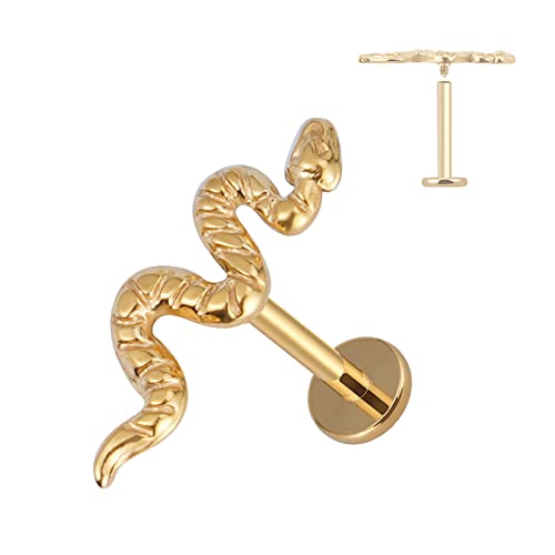 FINE4U 16G Gold Snake Piercing Jewelry for Conch, Tragus, Helix - ASTM F136 Titanium Hypoallergenic Cartilage Earring, Internally Threaded Nickel Free Flat Back Stud, Labret Body Jewelry