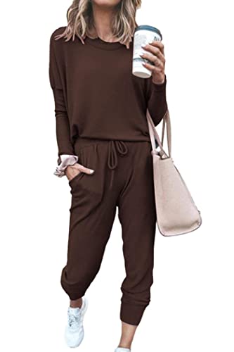 PRETTYGARDEN Women's 2023 Fall Two Piece Outfit Long Sleeve Crewneck Pullover Tops and Long Pants Tracksuit (Brown,Medium)