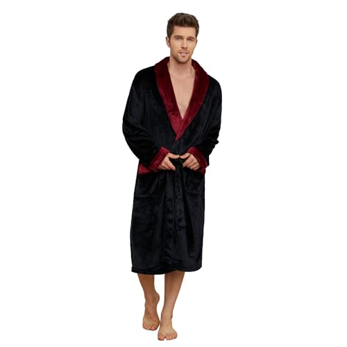 U2SKIIN Mens Fleece Robe Plush Collar Shawl Bathrobe(Black/Dark Red,L/XL)