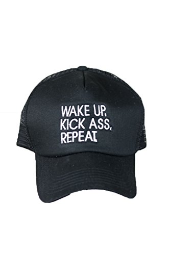 Wake up, Kick Ass, Repeat Black 5 Panel Trucker Cap with White Embroidery