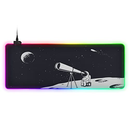 Large RGB Gaming Mouse Pad Astronaut Looks Through Telescope Universe On Glowing Extended Mousepad 35.4x15.7in, Soft Anti-Slip Rubber Base Luminous Mouse Mat for Pc Laptop, Gaming, Office, Home