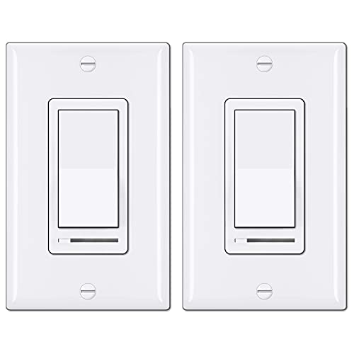 BESTTEN 2 Pack Dimmer Light Switch, Universal Lighting Control, Single Pole or 3 Way, Compatible with LED Dimmable Lamp, CFL, Incandescent, Halogen Bulb, Decorator Wallplate Included, White