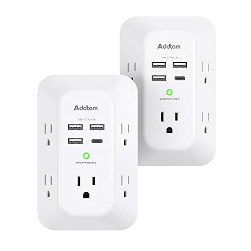 2 Pack USB Wall Charger Surge Protector, 5 Outlet Extender with 4 USB Charging Ports (1 USB C Outlet) 3 Sided 1800J Power Strip Multi Plug , Adapter Spaced for Home Travel Office