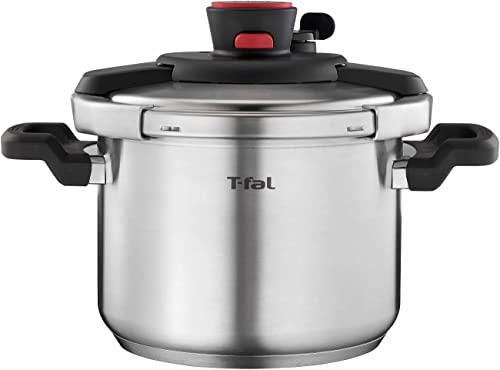T-fal Clipso Stainless Steel Pressure Cooker 6.3 Quart, Induction , Secure locking System, One Hand System, Recipe Book Included, Cookware, Pots and Pans, Kitchen, Dishwasher Safe, Silver