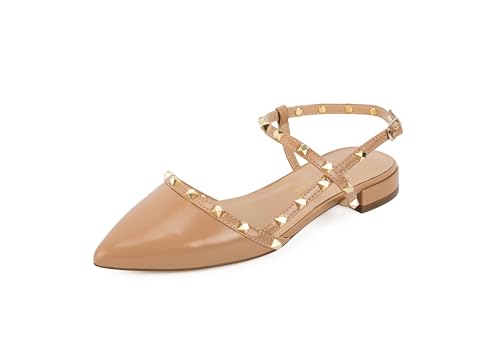 FS FIGASHURE Size 11 Dark Beige Heels for Women, Studded Flats Pumps Shoes for Women Mules Strappy Dress Heels Sandals for Women, Golden Close Toe，Pointed Toe, Zapatos de Mujer de Vestir Elegantes