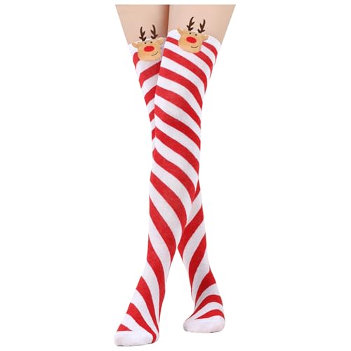 Dnuri Women's Christmas Striped Knee High Socks Cute Reindeer Comfy Socks Winter Xmas Cosplay Party Soft Stockings