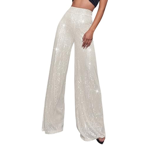 Womens High Waist Wide Leg Sparkle Sequin Bling Glitter Elastic Loose Flare Bell Bottom Shiny Party Pants,S-3XL