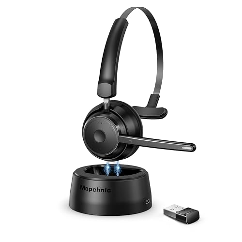 Mopchnic Bluetooth Headset 2024 Upgraded Version, Wireless Headset with AI Noise Canceling Microphone, On Ear Bluetooth Headset with USB Dongle for Office Call Center Skype Zoom Meeting Online Class