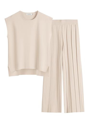 ANRABESS Women 2 Piece Outfits Casual Summer Sleeveless Tops Knit Pants Sweater Lounge Matching Sets 2024 Trendy Clothes Apricot Small