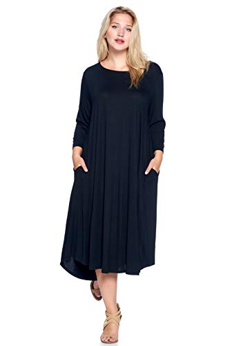 Modern Kiwi Plus Size Solid 3/4 Sleeve Pocket Curve Hem Midi Maxi Dress Black 3X