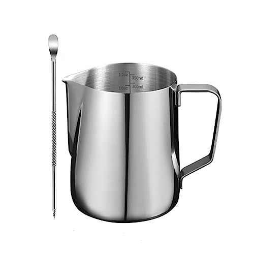 Domini Milk Frothing Pitcher 304 Stainless Steel Metal 12 oz -For Milk Frothers, Espresso Cappuccino Coffee, Creamer,Steaming,chef,motta (Measurement inside) with Latte Art Pen