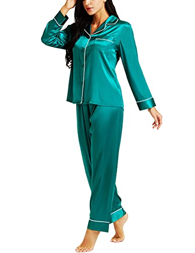 Lonxu Womens Silk Satin Pajamas Set Green S