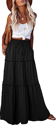 EARKOHA Womens Casual High Waist Tiered Paisley Print Long Maxi Skirt with Pockets A-black