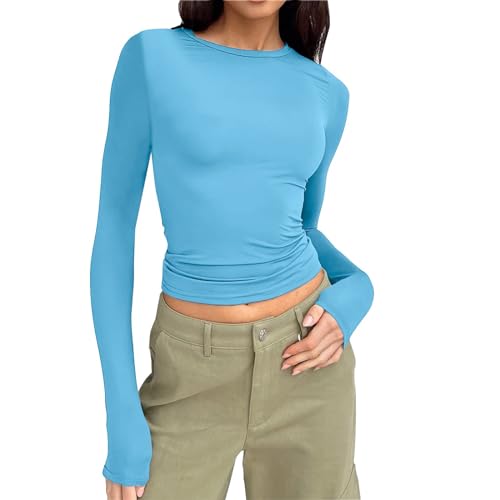 Women’s Long Sleeve Round Neck Crop Top Tee Shirt Basic Solid Tight Slim Fit Cropped Shirt Workout Yoga (5-Blue, S)