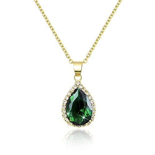 Linawe Emerald Crystal Chain Necklace for Women Trendy, Green Diamond Pendant, Cubic Zirconia Birthstone Rhinestone Teardrop, Preppy Dainty Boho Summer Beach Jewelry
