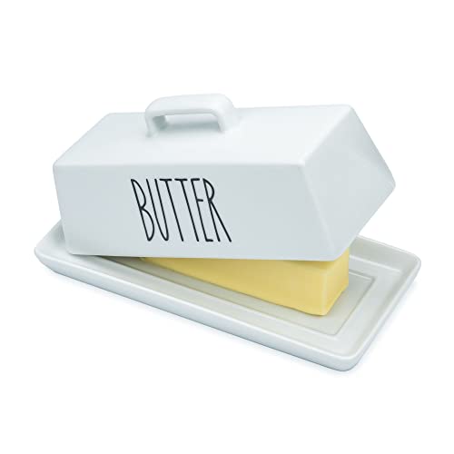 Heartland Home Porcelain Covered Butter Dish with Lid for Countertop (Lid with Handle). 7.6' x 3.8' Butter Holder Container for One Stick of Butter. Textured Tray Butter Keeper for Non Slip Storage