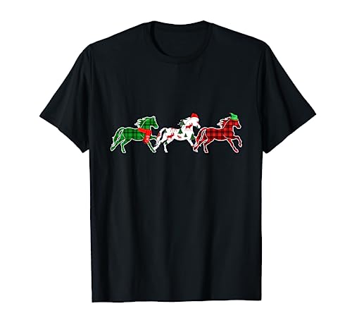 Funny Horse Xmas Tree Lights Red Plaid Gift Christmas T-Shirt