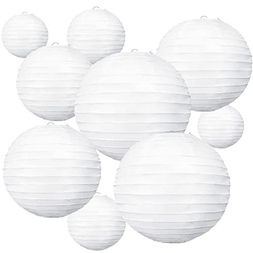 BEISHIDA 10Pcs White Paper Lanterns Decorative Chinese/Japanese Hanging Round Paper Lanterns Lamp for Birthday, Wedding, Christmas, Bridal, Home Decor, Party Decoration(Size of 4”, 6”, 8”, 10”)