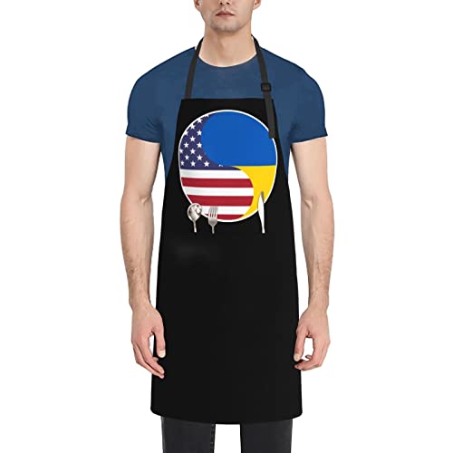 MULIHU Yin Yang Flag Combination Of America And Ukraine Apron For Men Women Adjustable Waterproof With Pockets Bib Kitchen Cooking Aprons Chef Aprons